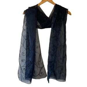 Whimsy Goth Black Beaded Swirl Mesh Long Neck Scarf/ Shawl